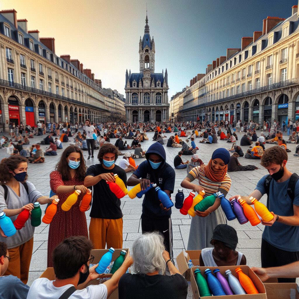 A group of volunteers handing out colorful reusable water bottles to homeless individuals in a lively city square, set in Nantes with historical buildings in the background.