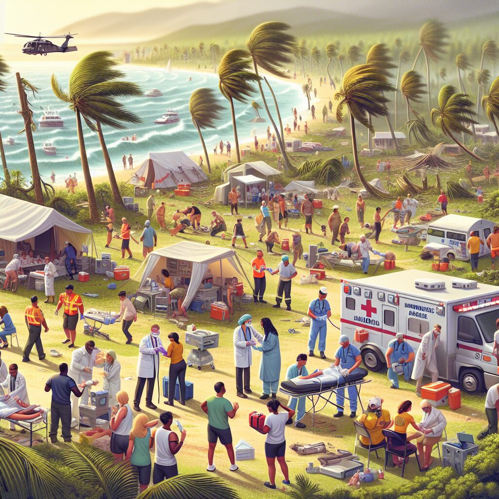 A bustling scene of a tropical island with healthcare workers in action, providing medical care amidst natural disaster aftermath; emergency tents and medical stations visible, evoking resilience and community effort.