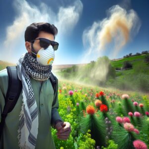 A vibrant image showing a person in a field with pollen clouds in the air, wearing a protective mask and sunglasses, surrounded by lush greenery and blooming flowers.