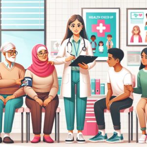 Illustration showing a diverse group of people of varying ages and backgrounds participating in a health check-up session, with a healthcare professional guiding them. The setting should be welcoming and inclusive, reflecting the themes of healthcare accessibility and prevention.