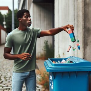 Un jeune adulte jette une cigarette électronique jetable colorée dans une boîte de recyclage, symbolisant l'interdiction et la sensibilisation écologique.