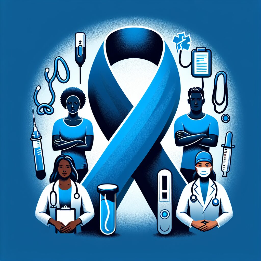 A bold and impactful image depicting the fight against colorectal cancer for the Blue March campaign. The image includes symbolic elements like a colon-shaped ribbon, medical testing kits, and diverse individuals promoting health awareness.