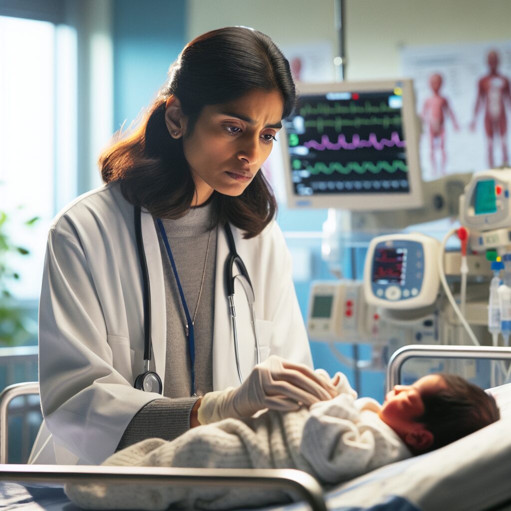 A concerned doctor examining a newborn in a French neonatology unit, with medical charts and hospital equipment in the background, capturing the urgency and seriousness of infant mortality issues.