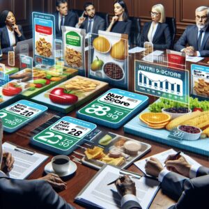 A close-up of food packaging displaying the Nutri-Score labels, with a backdrop of a governmental meeting room showing intense discussion and debate over food health regulations.