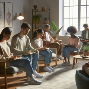 A diverse group of people, including children, adolescents, and adults, in a serene therapy session setting, illustrating mental health support and accessibility. The scene should convey a sense of peace, support, and inclusivity.