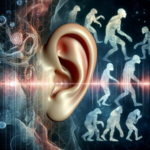 A close-up illustration of a human ear with subtle movement, surrounded by dynamic sound waves and ancient hominids in the background as an homage to evolutionary history, conveying both a sense of science and history.