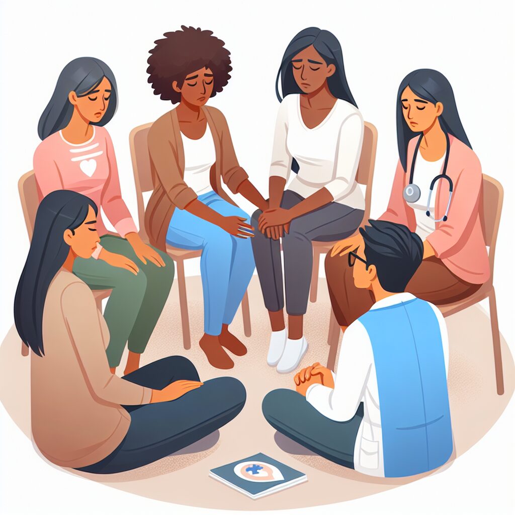 A group of diverse women in a support group setting, comforting each other, with a medical professional nearby, illustrating empathy and support for women after miscarriage.