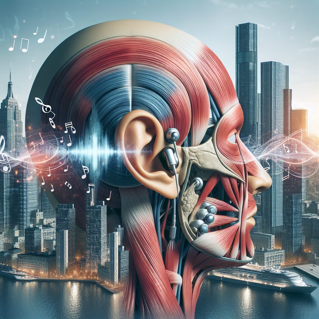 An anatomical illustration showing human ears with detailed muscles involved in ear movement, amidst a city skyline with various ambient noises symbolized by sound waves and music notes.