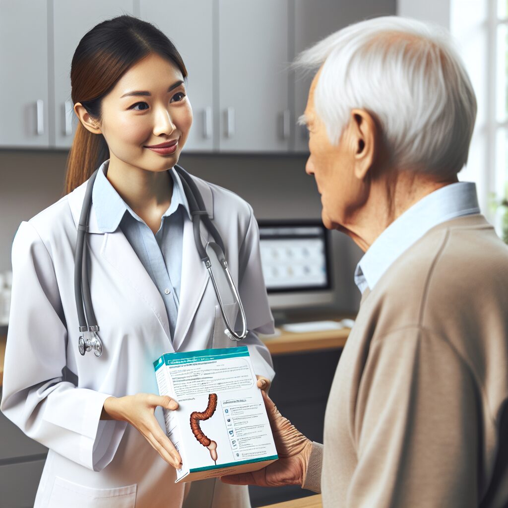 A healthcare professional providing a colorectal screening kit to an older adult, emphasizing early detection and prevention, in a medical office setting.