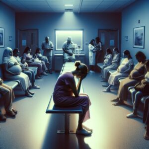 A waiting room in a maternity hospital with a somber ambiance, highlighting a contrast between joyful expectant mothers and a solitary, grieving woman. Soft lighting and subdued colors to emphasize emotional tension.