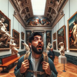 A visitor in an Italian museum overwhelmed by art, feeling dizzy and enchanted amidst classic paintings, symbolizing the psychological impact of Stendhal syndrome.