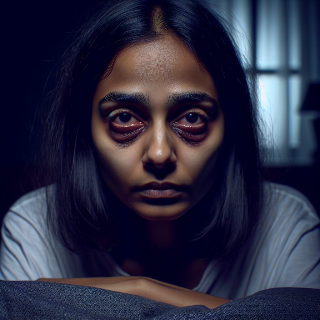 A close-up of an exhausted person with visible bags under their eyes, sitting up in bed at night, with a dark room and a dim light in the background, expressing fatigue and stress, highlighting the impact of sleep deprivation.