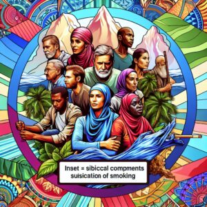 A dynamic and inspirational image depicting a diverse group of people of different age groups and backgrounds, united in a common effort to stop smoking, alongside symbolic elements of perseverance like climbing a mountain or embarking on an adventurous journey. Include subtle elements of the Koh-Lanta theme, such as a tropical setting or challenges, to reflect the campaign's collaboration with the show.