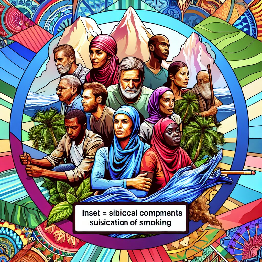 A dynamic and inspirational image depicting a diverse group of people of different age groups and backgrounds, united in a common effort to stop smoking, alongside symbolic elements of perseverance like climbing a mountain or embarking on an adventurous journey. Include subtle elements of the Koh-Lanta theme, such as a tropical setting or challenges, to reflect the campaign's collaboration with the show.