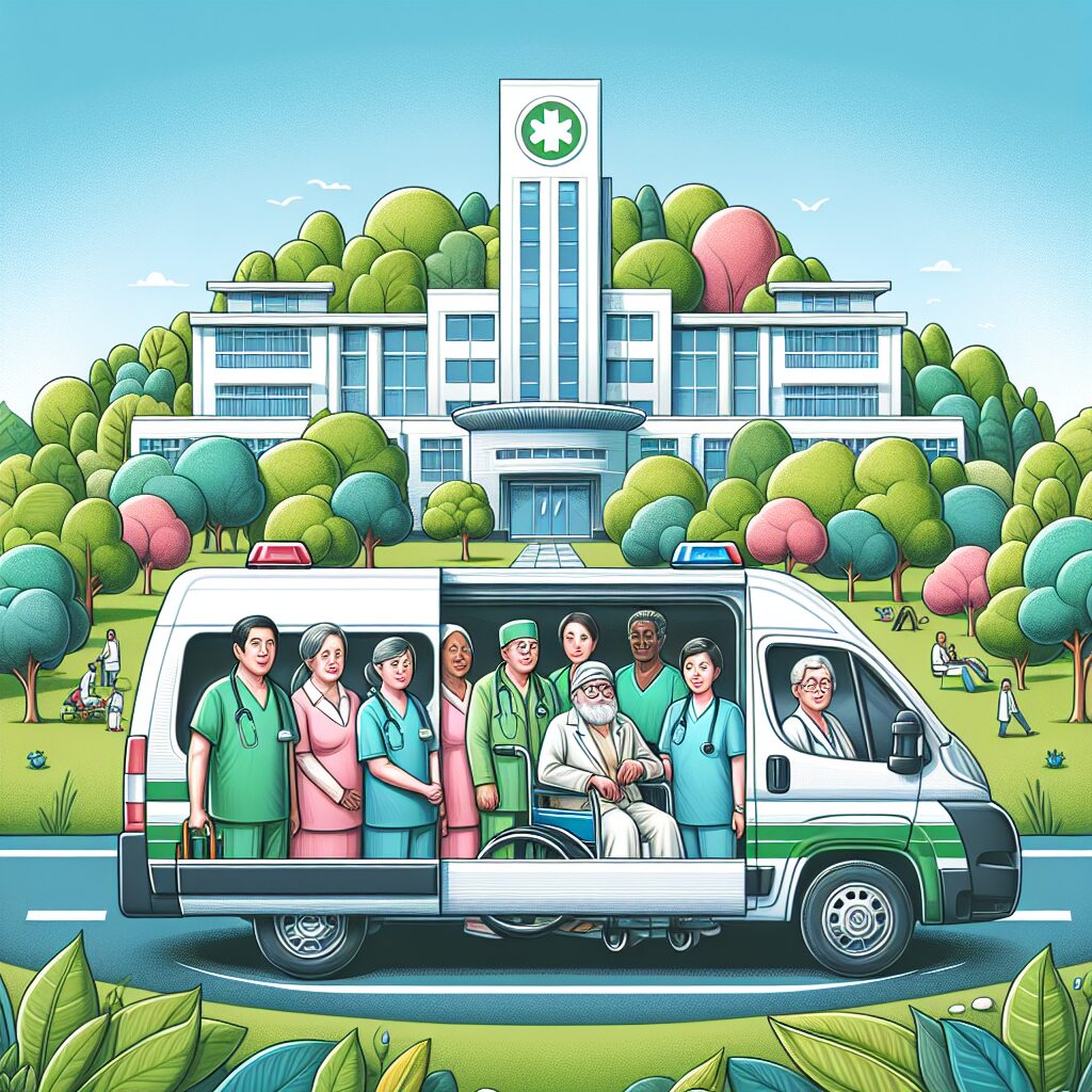 An image of a shared medical transport vehicle aiding multiple patients, showcasing eco-friendliness and cost-effectiveness. The background features a hospital setting with trees, symbolizing health and sustainability.