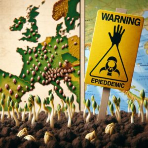 Illustration of sprouted seeds with a warning sign, highlighting a health issue with a European map in the background, symbolizing an epidemic spread.