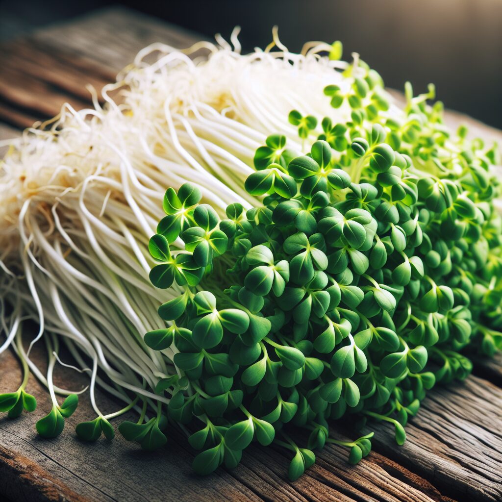 Graines de luzerne germées, sur une table de cuisine en lumière naturelle, montrant des racines blanches et fraîchement coupées, ambiance rustique, photographie de haute qualité.