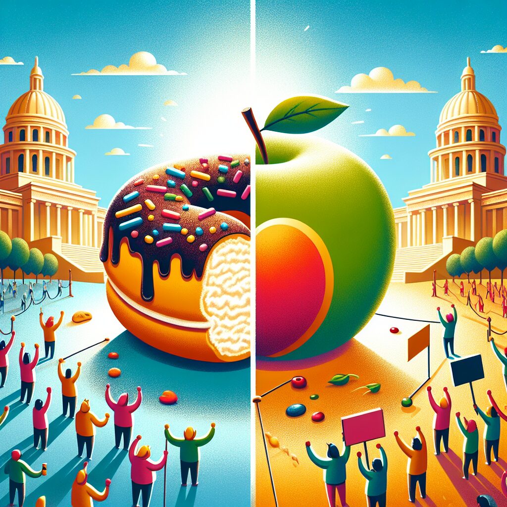 A colorful illustration representing the Nutri-Score, with contrasting food products - a greasy, sugary snack on one side and a healthy, fresh fruit on the other. The background is a symbolic tug-of-war between governmental buildings and consumer advocacy groups.