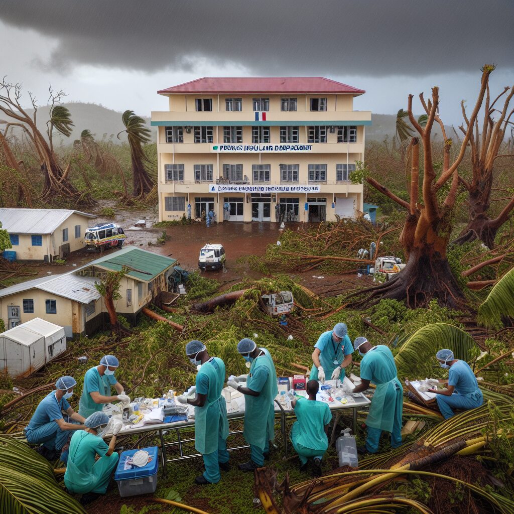 Une équipe de réservistes sanitaires s'activant sur le terrain à Mayotte, en arrière-plan un hôpital sur l'île avec des réservistes en action et une vue de la nature tropicale ravagée par le cyclone.