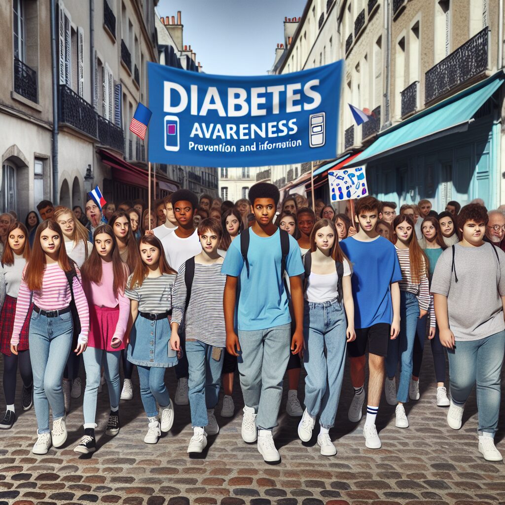 Un groupe de jeunes adolescents marchant dans une rue française, certains portant des vêtements indiquant le diabète, avec un bandeau représentant des efforts de prévention et d'information sur le diabète. La scène devrait évoquer à la fois une ambiance de sensibilisation et une urgence de la situation sanitaire.