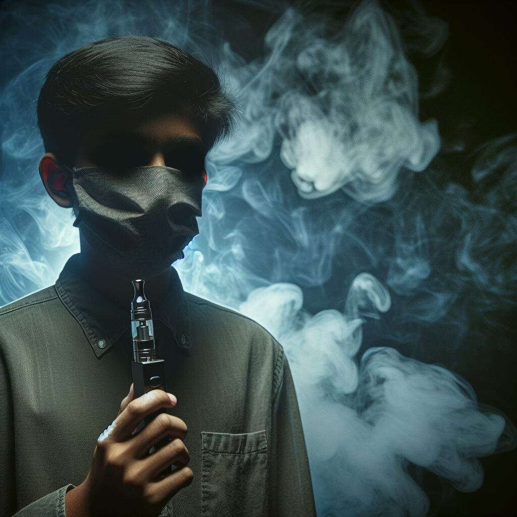 A young person using an e-cigarette with a mysterious, unsafe aura, indicating danger. Background illustrating health hazards and clouded by harmful substances. Highlight the concept of adolescent risk and addiction.