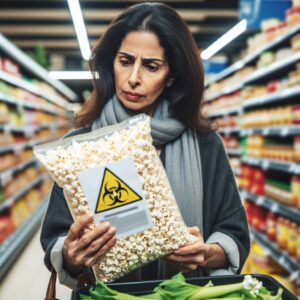 Image showing a concerned shopper checking food items at a Leclerc store, with a focus on bulk popcorn maize marked with a warning sign for health risk due to aflatoxins.