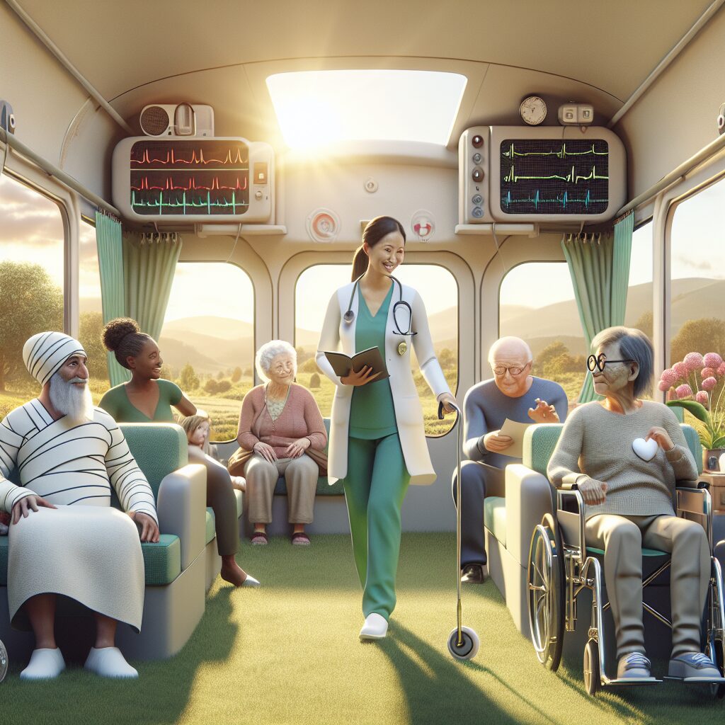 A group of diverse patients sharing a comfortable medical transport vehicle on a sunny day, showcasing environmental sustainability and community connection.