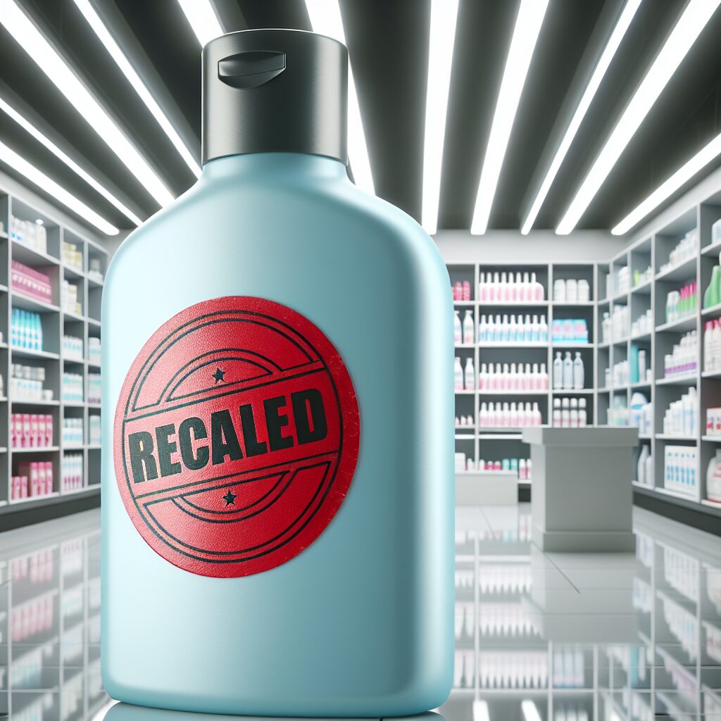 A bottle of shower gel with a red 'recalled' stamp, placed in a bright pharmacy environment. The atmosphere is cautious, emphasizing the urgency of avoiding the product.