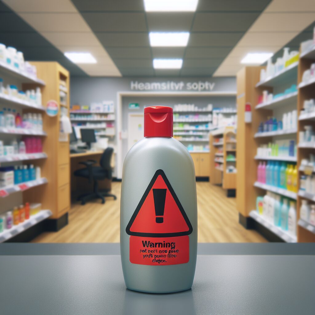 A bottle of shower gel with a red warning sign, displayed in a pharmacy setting, capturing a sense of urgency and health safety concern, with neutral and calm colors.