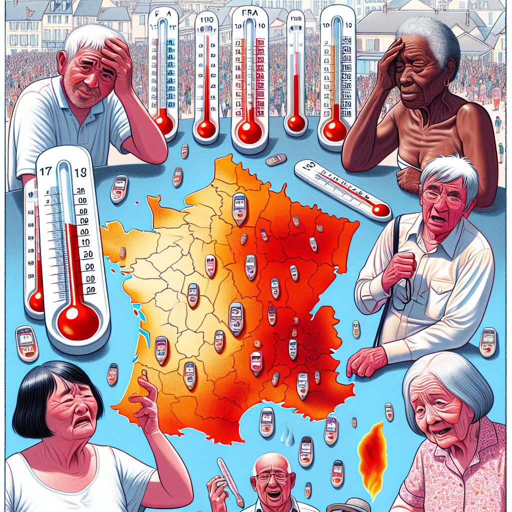 A symbolic representation of a devastating heatwave in France during summer with thermometers breaking records, elderly people suffering from heat, and a map illustrating affected areas.