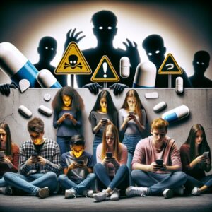 A group of teenagers engaging in a social media challenge, with a looming shadow of danger represented by oversized paracetamol pills and a caution sign.