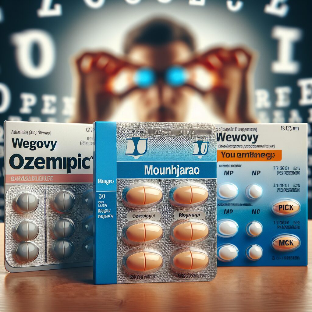 Une image montrant plusieurs boîtes de médicaments Ozempic, Mounjaro et Wegovy, avec un fond flou symbolisant une vision trouble, pour illustrer les risques de cécité associés.