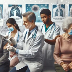 A health center with medical staff administering vaccines to a diverse group of people, showcasing a proactive vaccination campaign during winter, with a backdrop of medical posters on respiratory virus prevention.