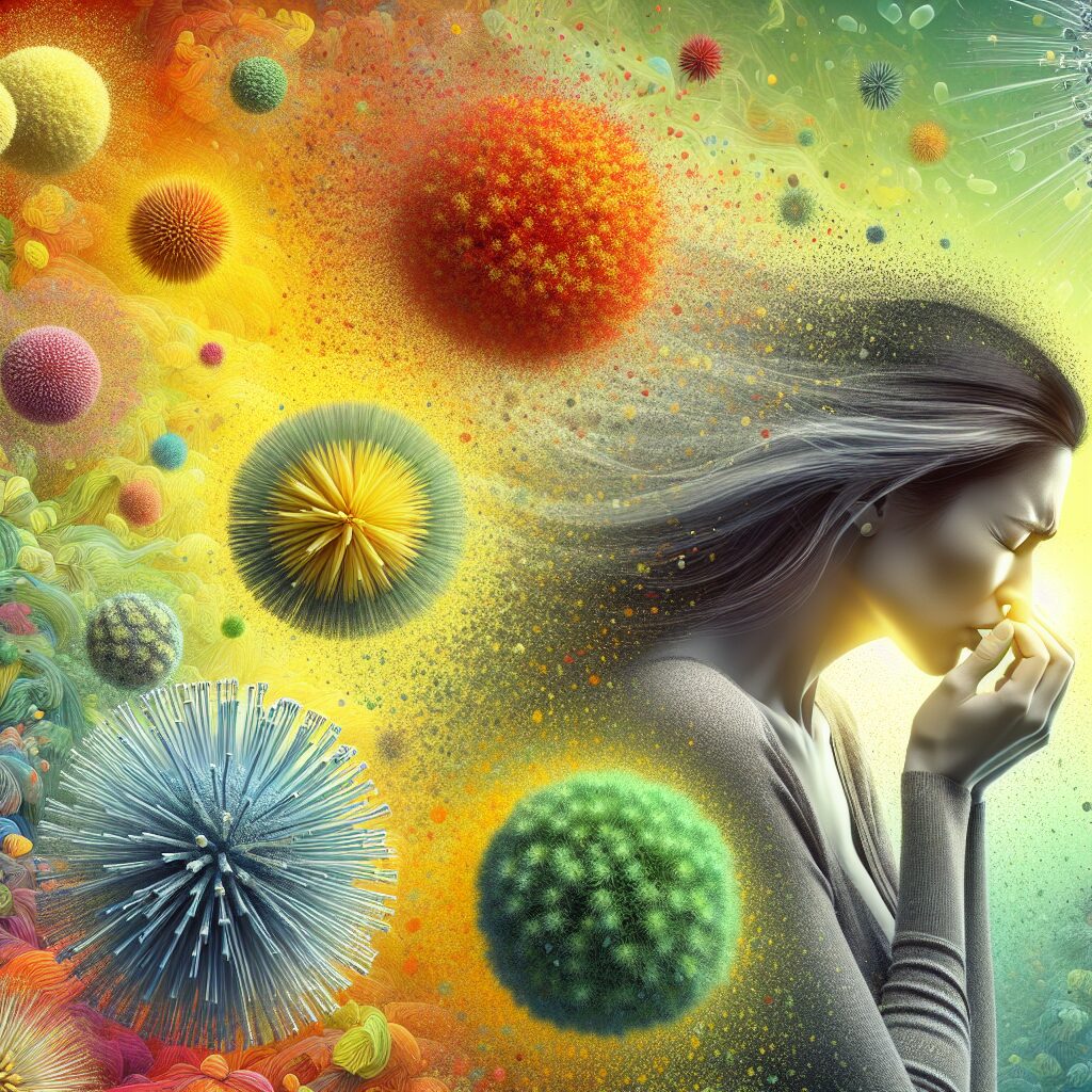 A vibrant image showing various types of pollen particles floating through a sunny spring sky, highlighting their diverse shapes and colors, combined with an illustration of a person sneezing or shielding themselves from the allergens.