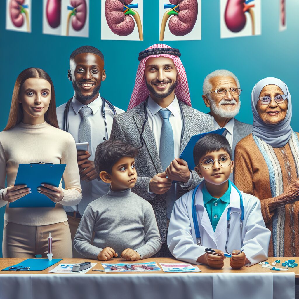 A vibrant and engaging image showcasing a diverse group of people participating in a kidney health awareness event, with banners and health stands, symbolizing community involvement in health screenings.