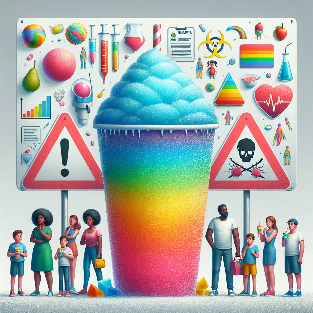 An illustration showing a colorful, icy slushie drink with a warning sign, surrounded by concerned parents and children, highlighting caution. The background should emphasize a medical setting with charts and graphs depicting health risks.