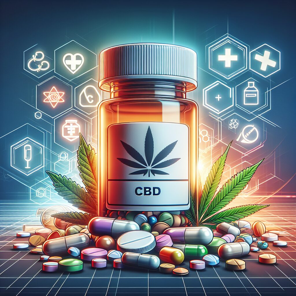 A dynamic illustration of a medicine bottle labeled 'CBD' next to various pills and pharmaceuticals, warning symbols around to depict potential dangers of mixing them. The background should convey a sense of caution and medical awareness.