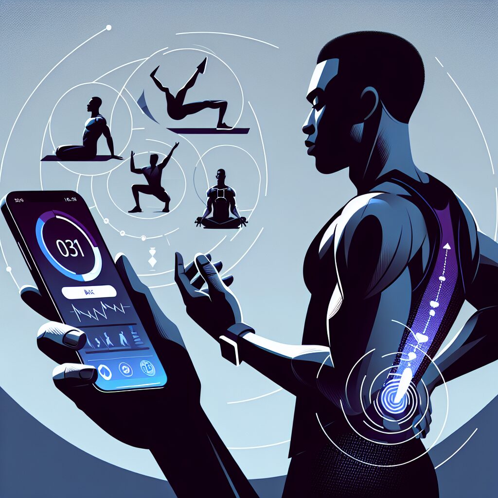 A dynamic illustration of a person using a mobile app for back exercises, featuring a healthy and active lifestyle concept, with visually engaging elements like yoga poses and digital interface on a smartphone.