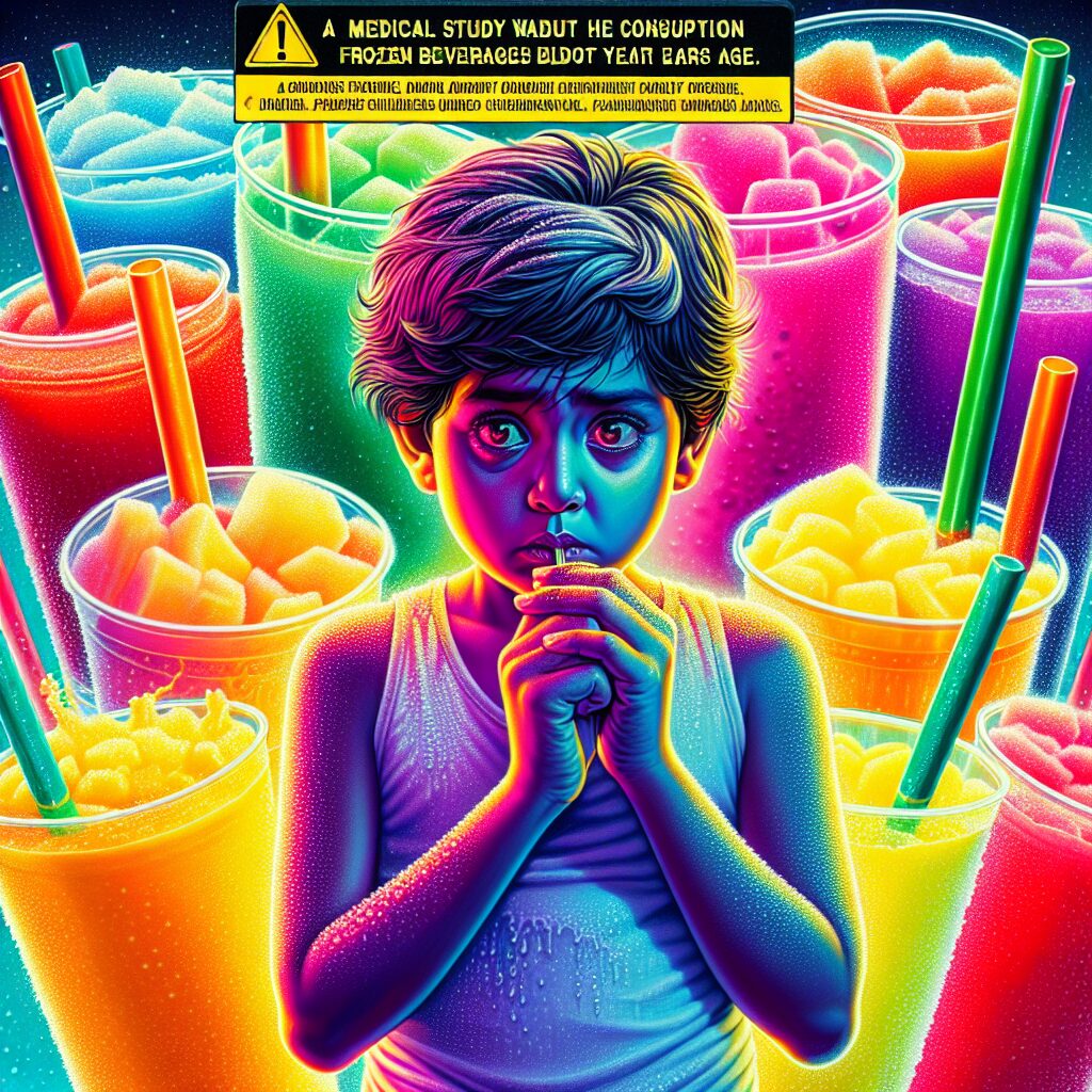 A medical study warning against the consumption of colorful slushies by children under eight, featuring a child hesitating in front of a variety of fluorescent icy drinks.