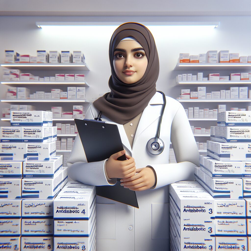 A French pharmacy counter with a pharmacist holding a document, surrounded by boxes of antidiabetic medications such as Ozempic, Trulicity, and Victoza, emphasizing control and regulation in a health context.