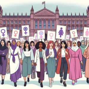 Une illustration montrant des femmes marchant en solidarité, portant des banderoles pour les droits des femmes, devant un bâtiment officiel comme un parlement, avec une ambiance de détermination et de solidarité.