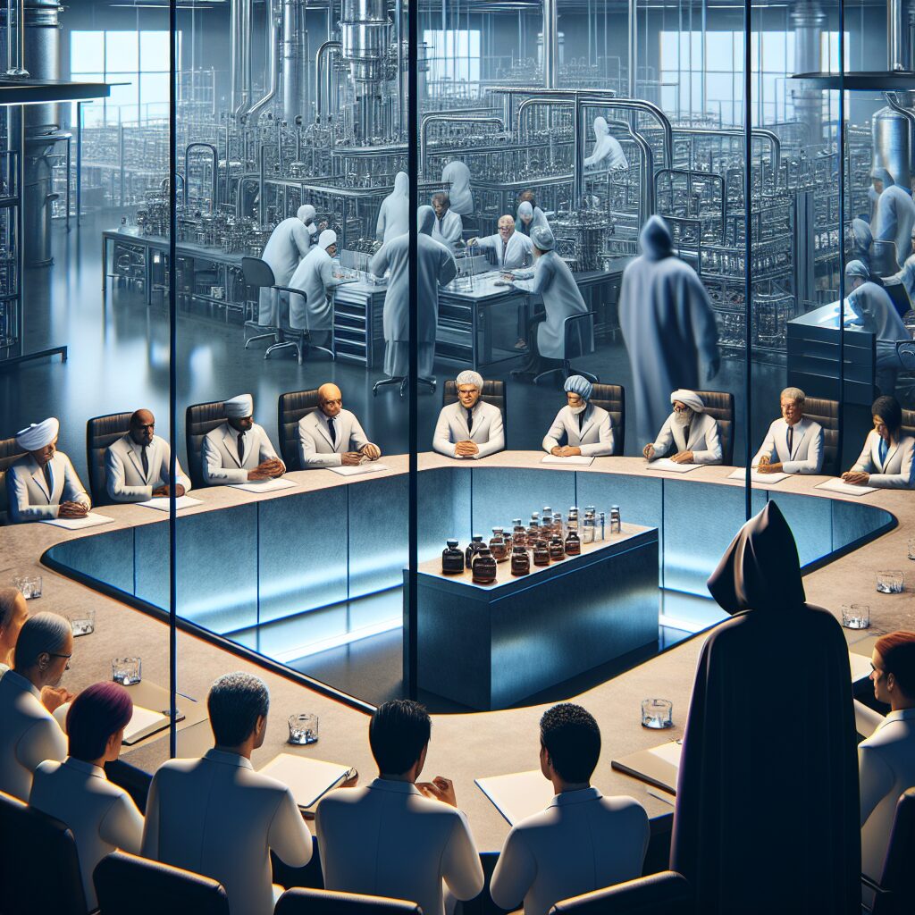 An image showcasing a tense political discussion room with world leaders around a table, a pharmaceutical factory in the background, and a shadowy figure representing espionage.