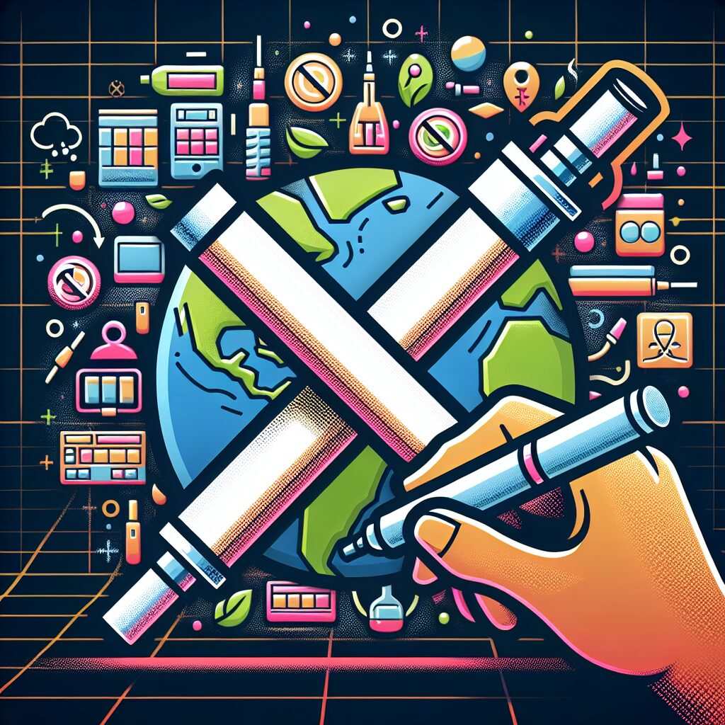 An illustrative image showing a crossed-out disposable e-cigarette, known as a puff, surrounded by bright, colorful packaging typically aimed at young users. In the background, a digitally rendered globe with a focus on health and environmental themes to signify the global impact of such devices.