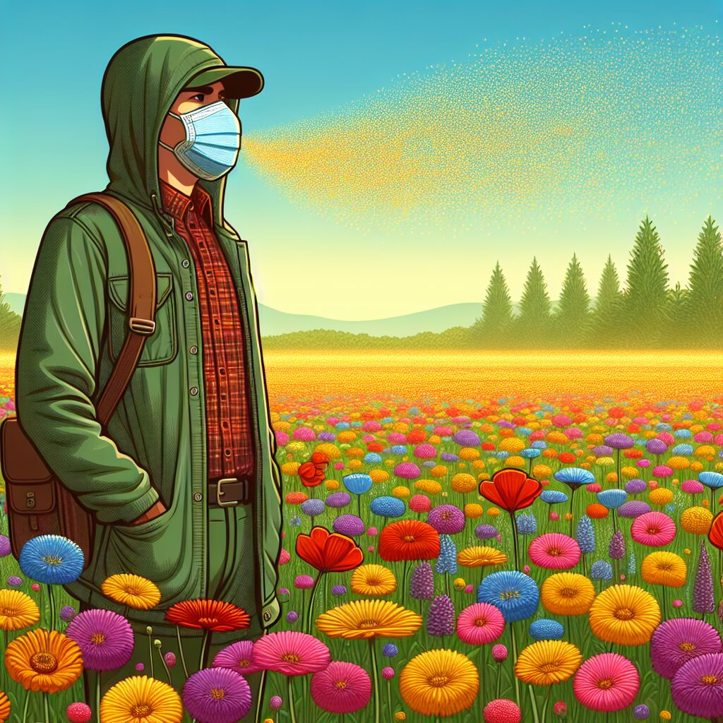 An illustration of a field covered in flowers with pollen grains visibly floating in the air, a person wearing a protective mask in the background, springtime atmosphere, bright colors, realistic style.