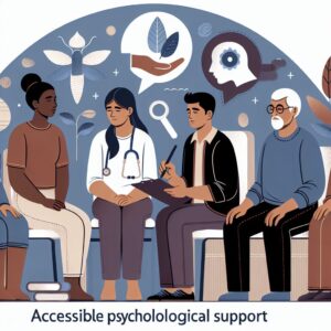 Une illustration représentant le concept de soutien psychologique accessible à tous. Inclure des éléments comme un psychologue en consultation avec des patients variés, symbolisant différents âges et profils, dans un environnement bienveillant et apaisant. Mettre l'accent sur l'accessibilité et le bien-être mental.