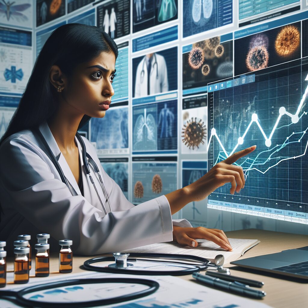 An illustrative image showing a concerned medical researcher analyzing data trends on a digital screen, visualizing the rise in meningococcal infections in France, with a background of medical elements like a stethoscope, vaccination vials, and medical graphs.