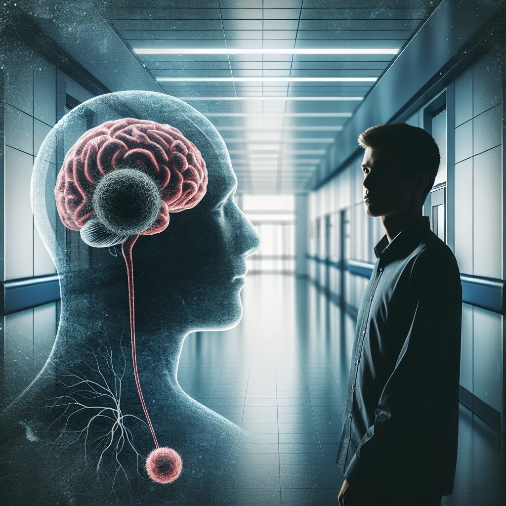 A young adult silhouette standing against a blurry hospital corridor background with a focus on a graphic representation of a brain tumor. The image should convey both concern and hope, symbolizing the medical challenge and ongoing research.