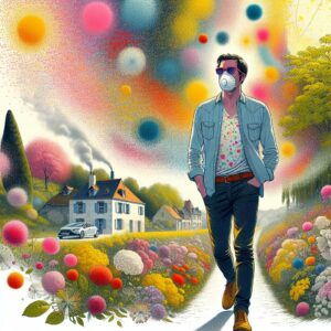 A vibrant illustration of pollen particles floating in the air over a picturesque French countryside during spring, with a person wearing a mask and sunglasses walking amidst the pollen. The image should convey the pollen season and the preventive measures against allergies.