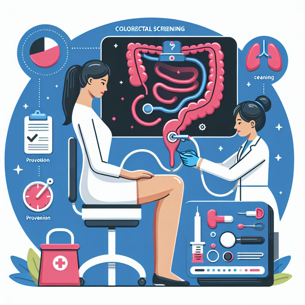 Une illustration moderne et informative montrant une personne passant un test de dépistage colorectal, avec des éléments graphiques sur la prévention et la santé.