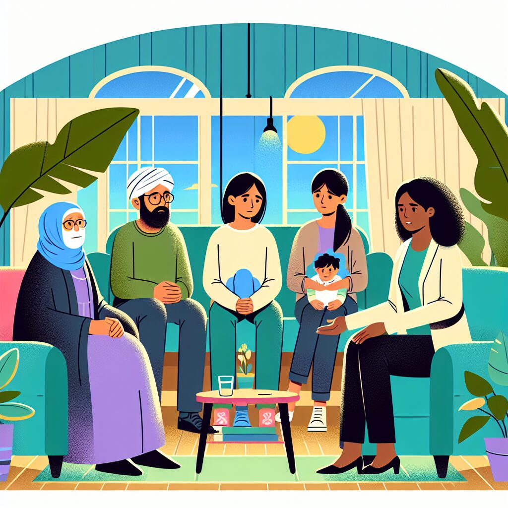 A serene and calming illustration showing people of different ages and backgrounds engaging in a therapeutic session with a psychologist in a welcoming and stress-free environment. Bright colors and friendly atmospheres to symbolize hope and support.